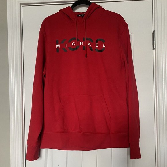 Michael Kors Red Logo Hooded Pullover Front Pocket Long Sleeve L NWOT - Picture 1 of 4